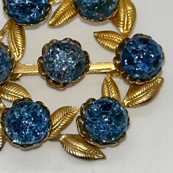 Vintage Gold-Tone Brooch With Blue Crackle Glass Stones & Leaf Design Rivet Set - Picture 4 of 16